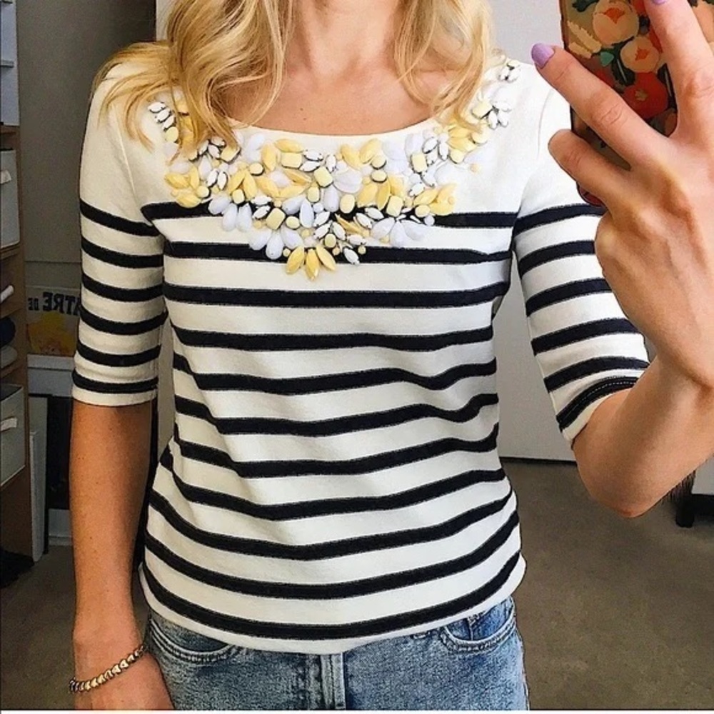 J Crew Collection • Jeweled Neck Stripe Top pullover tee navy cream Mariner - Picture 2 of 10